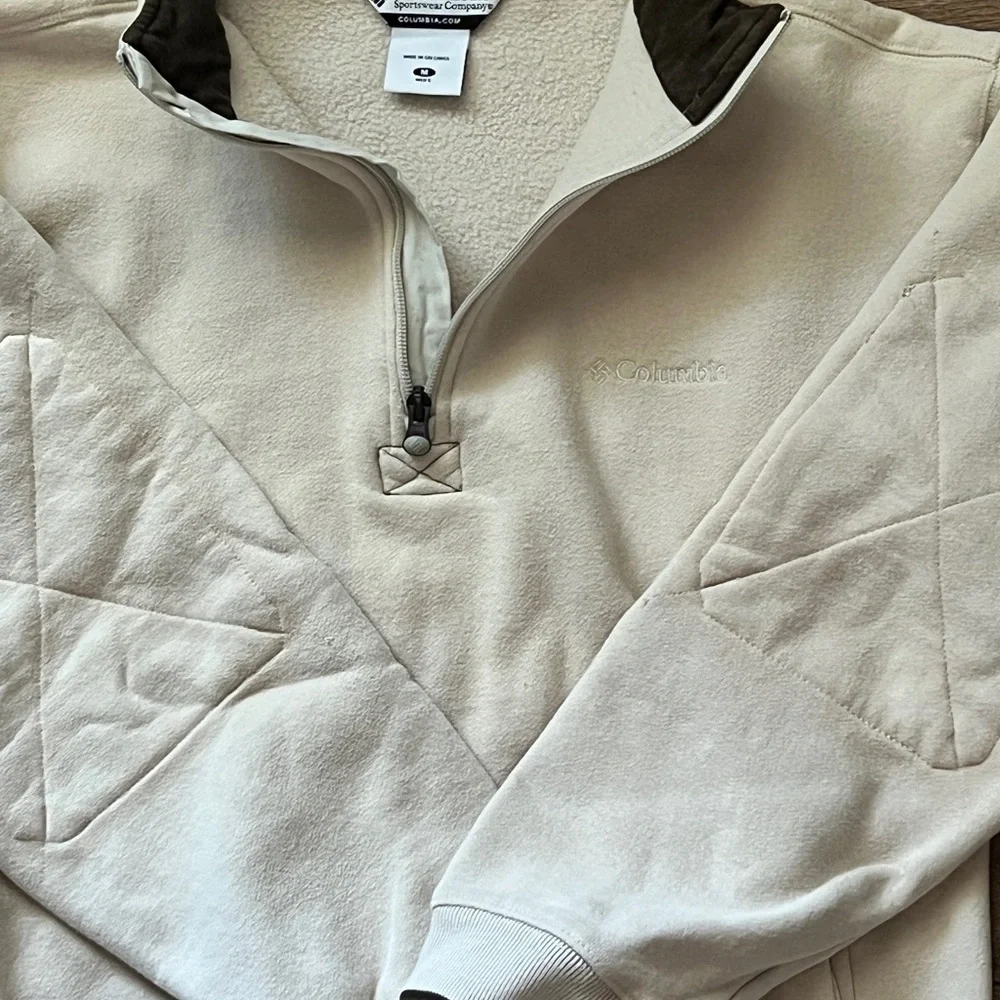 Columbia Mens 1/4 zip pull over fleece inside beige cotton blend size M - Picture 2 of 7